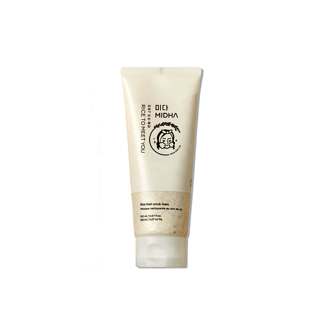 Rice scrub foam যা gentle exfoliation করে skin smooth করে।